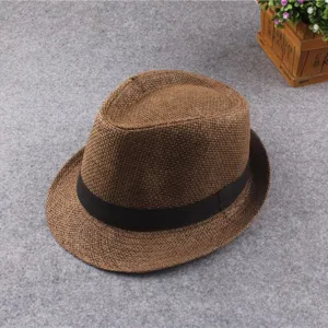 Classic brown straw fedora hat for men and women, stylish sun protection vacation beach hat.