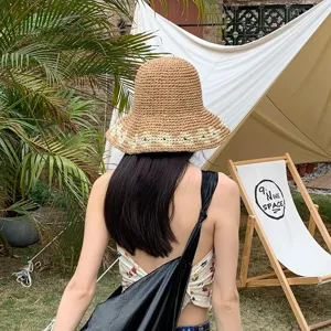 Damen Sommer breite Krempe gehäkelter Strohhut Outdoor Strand Urlaub Sonnenschutz