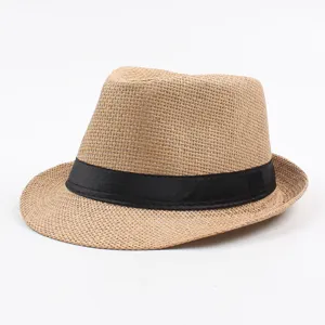 Classic straw fedora hat for men and women, stylish sun protection vacation beach hat.