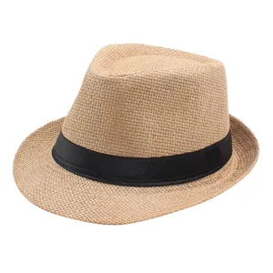 Classic woven straw fedora hat for men and women, stylish sun protection vacation beach hat.