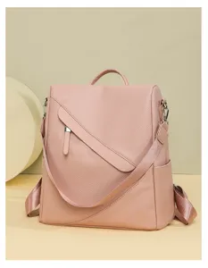 Pink faux leather women anti-theft backpack detail shot, casual commuting daily casual bag.
