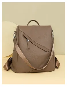 Women casual anti-theft backpack large capacity brown leather school daypack detail view.