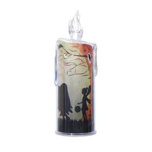 Halloween LED simulation candle light detail view, spooky ghost pattern, party decor prop.