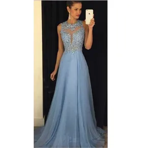 Light blue sleeveless long evening dress featuring beaded lace bodice and sheer mesh neckline.