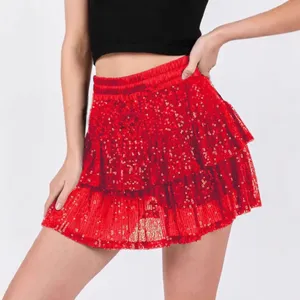 Stunning red sequin tiered mini skirt, perfect for party, club and fashion wear. Detail view.