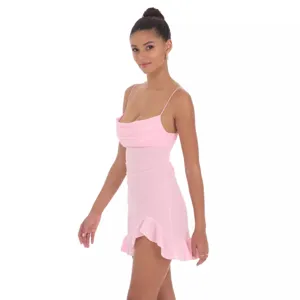 Pink strap mini dress detail view showcasing cowl neckline and charming ruffle hemline.