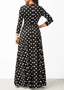 Elegant black and white polka dot long sleeve maxi dress for women casual evening wear.