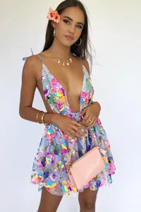 Sexy deep V backless sequin floral mini dress for women party club wear glitter short dress