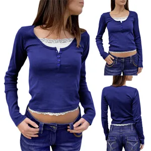 Women's Casual Cotton Long Sleeve T-Shirt V-Neck Slim Fit Fake Two-Piece Lace Splicing Daily Top For Women Fashion Clothing