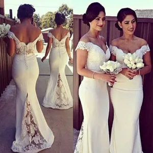 Elegant off-shoulder lace mermaid long bridesmaid dress for evening party events.