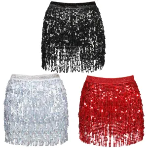 Sparkling sequin fringe mini skirt detail shot, perfect for night club performance and party.