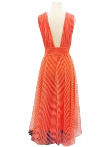 Orange white striped deep V sleeveless mesh maxi dress, sexy backless vacation long dress.