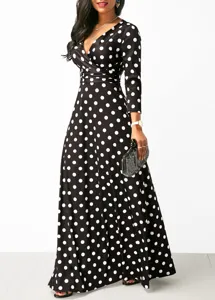 Details of the elegant V-neck long sleeve black maxi dress featuring classic white polka dots.