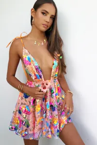 Stunning sequin floral detail, sexy deep V-neck and open back mini dress design showcase.