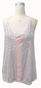 Sequin V-neck camisole detail shot, sparkling sequin fabric and pink trim for summer styling.