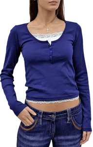 Detailed view of the slim-fit long-sleeve false two-piece t-shirt with lace trim and buttons.