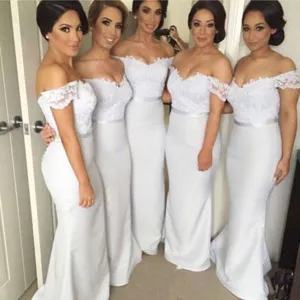 Elegant off-shoulder lace bridesmaid dress long white evening party gown for women