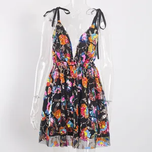 Detail shot of the dazzling sequin floral embroidery and deep V-neck design on the dress.
