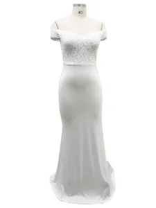 Detailed view of the elegant off-shoulder white lace and satin long evening dress train.