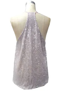 Detail view of the sparkly sequin halter tank top, perfect for summer beach and night out.