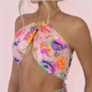 Sexy colorful sequin embroidered halter crop top with chain detail, perfect for parties.