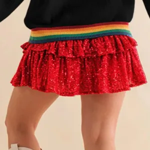 Red sequin tiered mini skirt with rainbow striped waistband for party and night club.