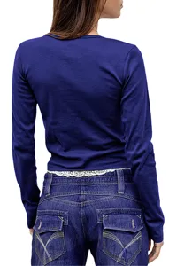 Back view detail of women's slim fit long sleeve top featuring white lace hem design.