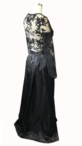 Black lace mesh embroidery two piece dress detail view, elegant evening party long gown outfit.