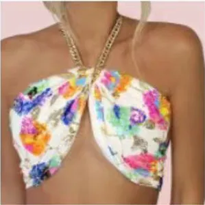 Sexy colorful sequin embroidered halter top with golden chain detail for women summer party.