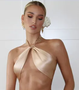 Women Satin Halter Crop Top Sexy Gold Chain Strap Backless Party Clubwear Summer Top