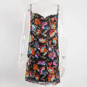 Stunning sequin floral pattern detail on this black party dress featuring elegant chain straps.