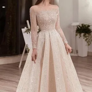 Abito da Sera Maxi a Manica Lunga con Paillettes Patchwork Elegante da Donna Vita Alta Principessa