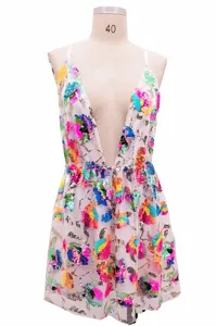 Sexy deep V backless sequin floral dress, stunning party wear with colorful embroidery.