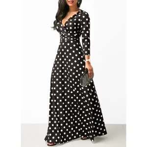 Women's Sexy Elegant Long Sleeve V-Neck Polka Dot Maxi Dress Slim Fit Evening Party Dress