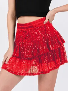 Red sequin tiered miniskirt for women sparkle party club short skirt sexy outfit
