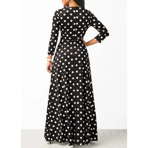 Sexy slim black and white polka dot long sleeve maxi evening dress for women fashion