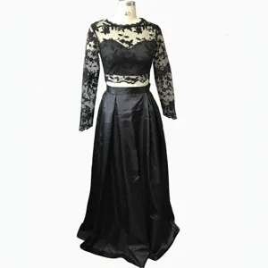 Women Sexy Long Sleeve Lace Embroidery Crop Top And Satin Maxi Skirt Top And Bottom Party Evening Dress