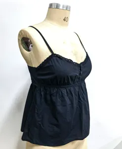 Black lace trim V-neck camisole top detail view, sleeveless summer clothing design.