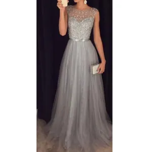 Damen Elegant Schulterfrei Ärmellos Pailletten Netz Maxi Abendkleid Langes Formelles Party Hochzeitskleid