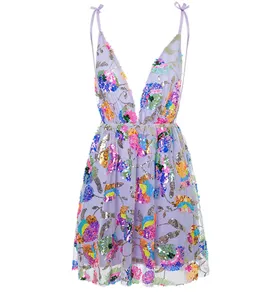Sexy deep V backless sequin floral strap mini dress for women, sparkling party clubwear.