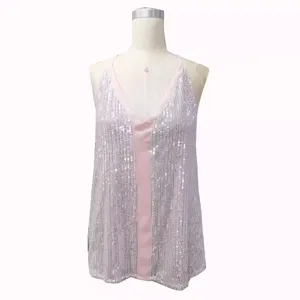 Women V-Neck Sequin Cami Tank Top Summer Adjustable Strap Beach Sparkle Party Blouse
