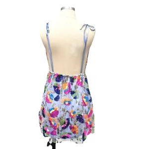 Sexy backless sequin floral camisole dress with blue ribbon straps for women party