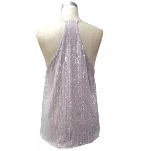Women V-Neck Sparkly Sequin Halter Tank Top Summer Beach Party Backless Sleeveless Shirt