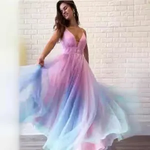 Verlauf Träger Chiffon Strandkleid langes Maxi-Kleid elegante Sommer Partykleidung Damen