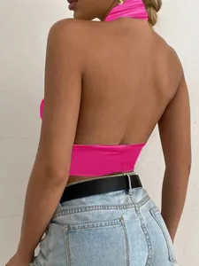 Donna Sexy Halter Incrociato Crop Top Vestibilità Slim Tinta Unita Senza Maniche Estate Club