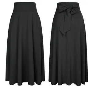 Women's High Waist Flared Long Skirt Solid Color Casual Elegant Maxi Skirt With Back Bow Tie Detail