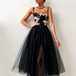 Women sleeveless mesh evening dress with sequin floral embroidery elegant party gown