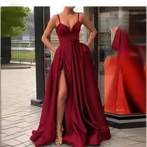 Abito lungo sexy estivo con spalline sottili e spacco alto elegante abito da sera rosso