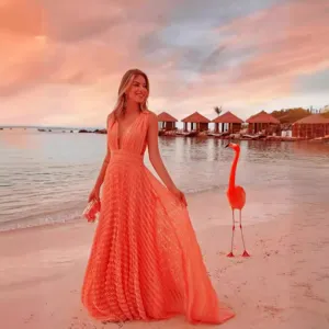 Women Sexy Deep V Neck Mesh Resort Maxi Dress Sleeveless Backless Solid Color Long Elegant Party Dresses