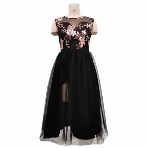 Black sequin floral mesh evening dress, elegant sleeveless high low party dress for women.